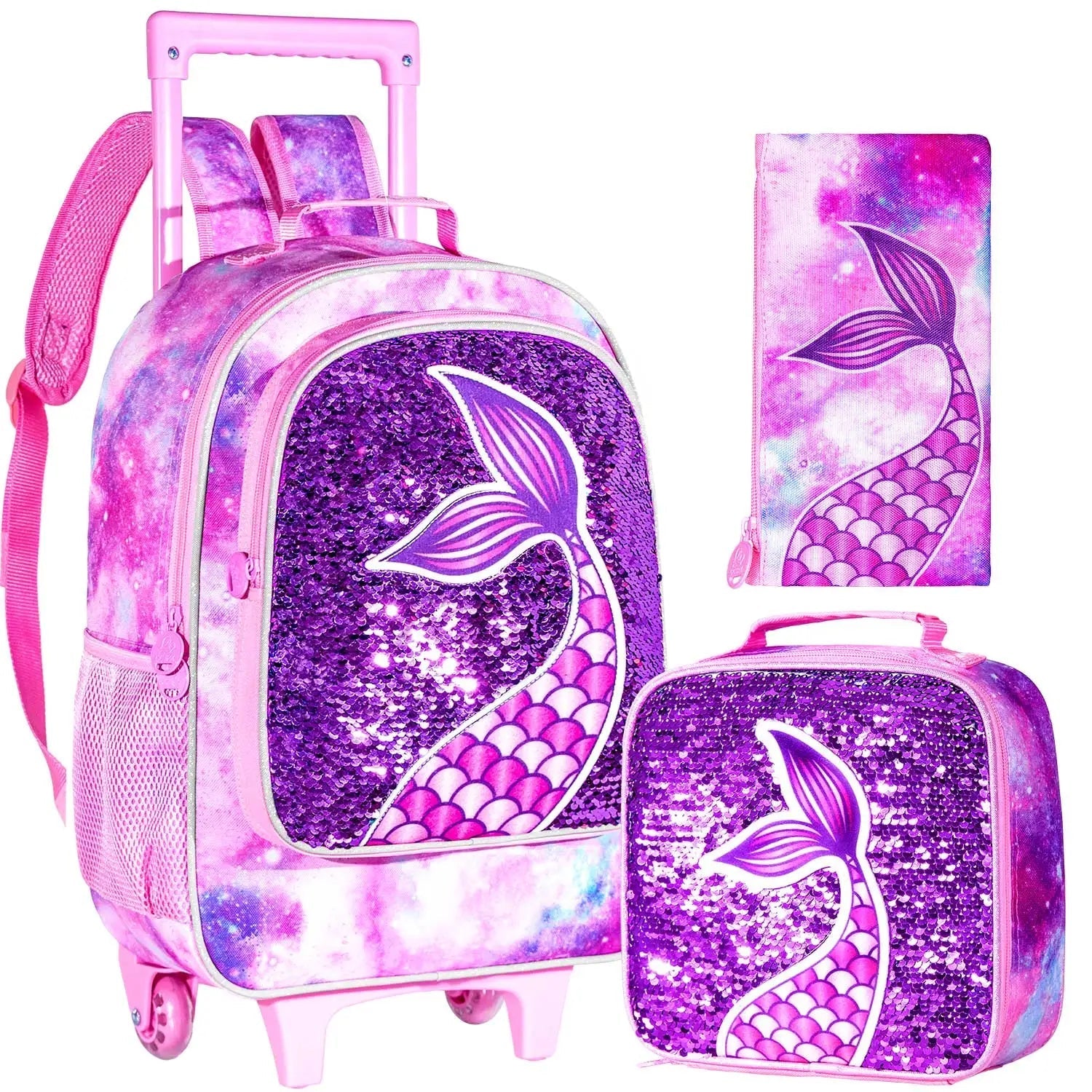 Girls' 3PCS Rolling Backpack Set - Pink Fishtail Design with Glow-in-the-dark Function, Roller Wheels, and Lunch Bag Pink