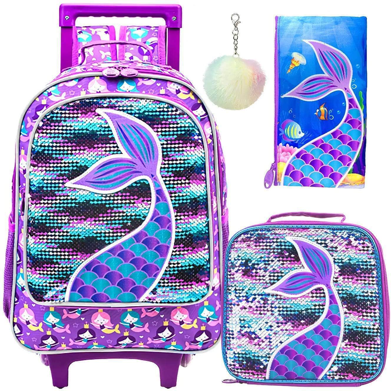Girls' 3PCS Rolling Backpack Set - Pink Fishtail Design with Glow-in-the-dark Function, Roller Wheels, and Lunch Bag Purple
