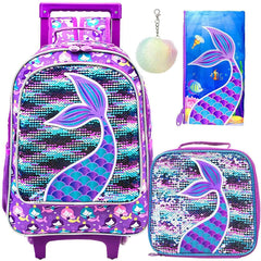 Girls' 3PCS Rolling Backpack Set - Pink Fishtail Design with Glow-in-the-dark Function, Roller Wheels, and Lunch Bag Purple