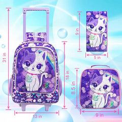 Girls' 3PCS Rolling Backpack Set - Purple Cat Design with Glow-in-the-dark Function, Roller Wheels, and Lunch Bag Purple