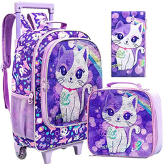 Girls' 3PCS Rolling Backpack Set - Purple Cat Design with Glow-in-the-dark Function, Roller Wheels, and Lunch Bag Purple
