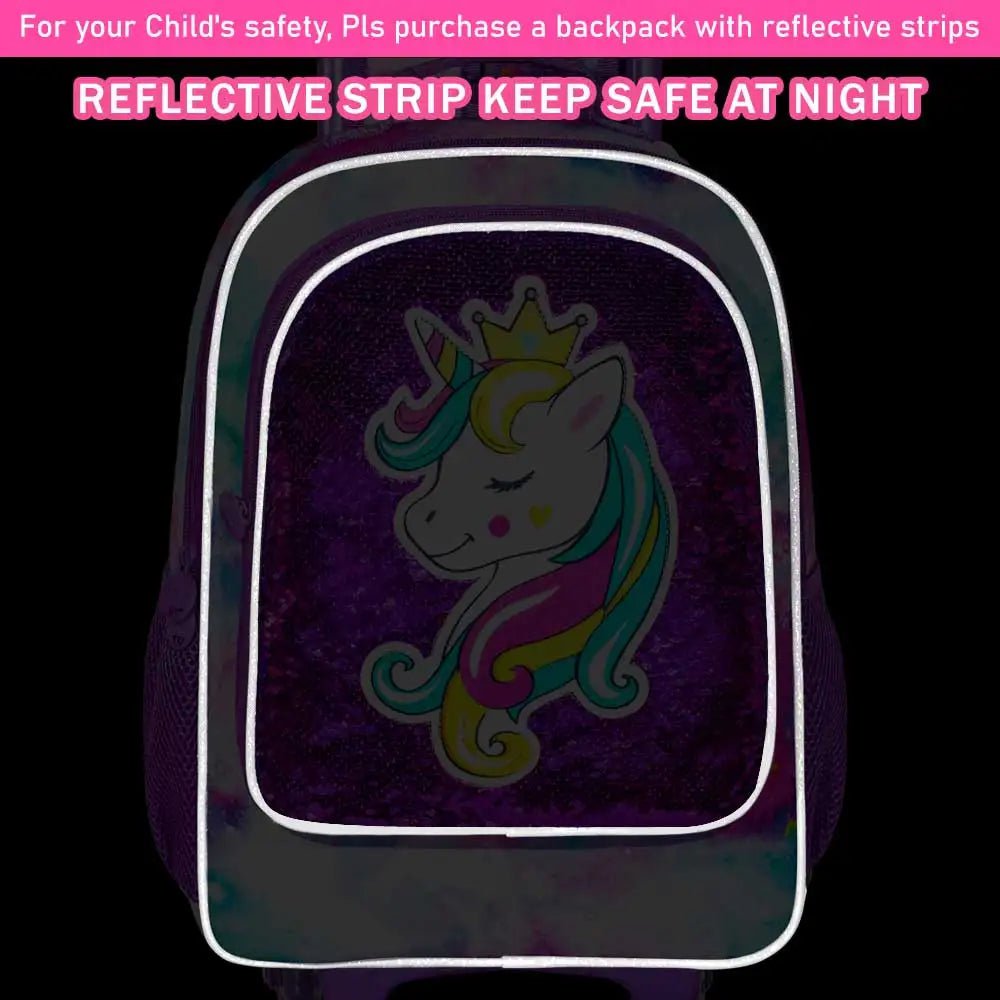 Girls' 3PCS Rolling Backpack Set - Sleeping Unicorn Design with Glow-in-the-dark Function, Roller Wheels, and Lunch Bag Purple