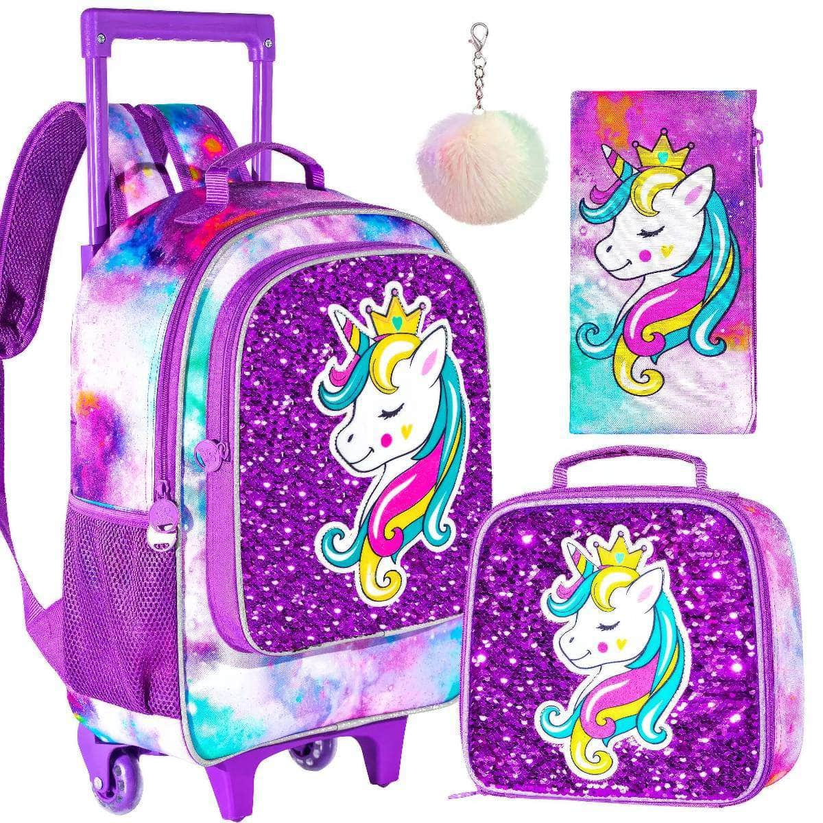 Girls' 3PCS Rolling Backpack Set - Sleeping Unicorn Design with Glow-in-the-dark Function, Roller Wheels, and Lunch Bag Purple