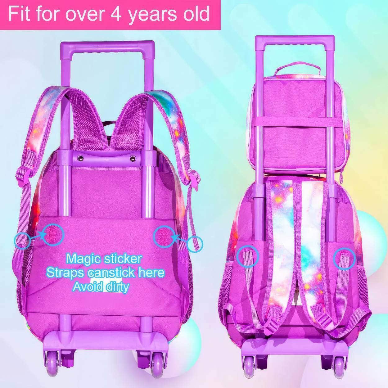 Girls' 3PCS Rolling Backpack Set - Sleeping Unicorn Design with Glow-in-the-dark Function, Roller Wheels, and Lunch Bag Purple
