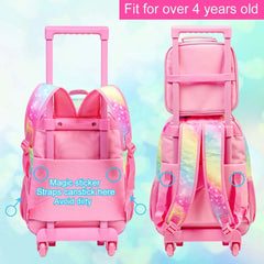 Girls' 3PCS Rolling Backpack Set - Unicorn Design with Glow-in-the-dark Function, Roller Wheels, and Lunch Bag Rolling-Uni-Rainbow