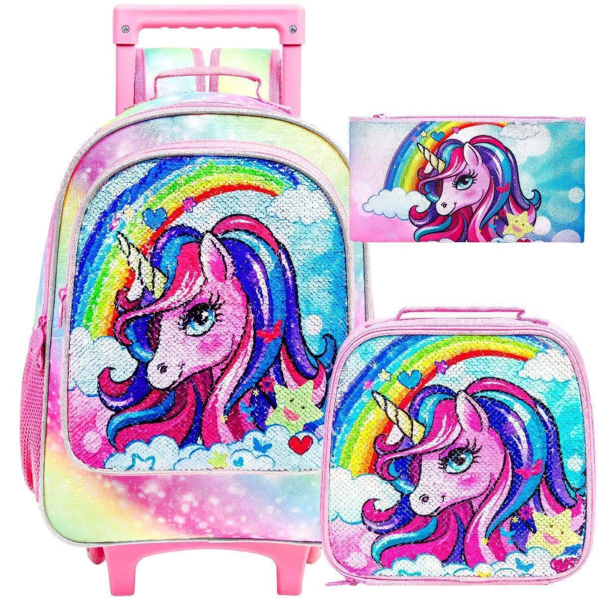 Girls' 3PCS Rolling Backpack Set - Unicorn Design with Glow-in-the-dark Function, Roller Wheels, and Lunch Bag Rolling-Uni-Rainbow