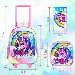 Girls' 3PCS Rolling Backpack Set - Unicorn Design with Glow-in-the-dark Function, Roller Wheels, and Lunch Bag Rolling-Uni-Rainbow