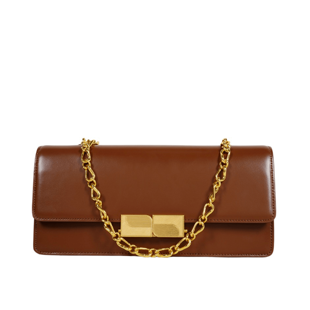 Gleaming Metal Buckle Accented Chain Shoulder Bag Caramel