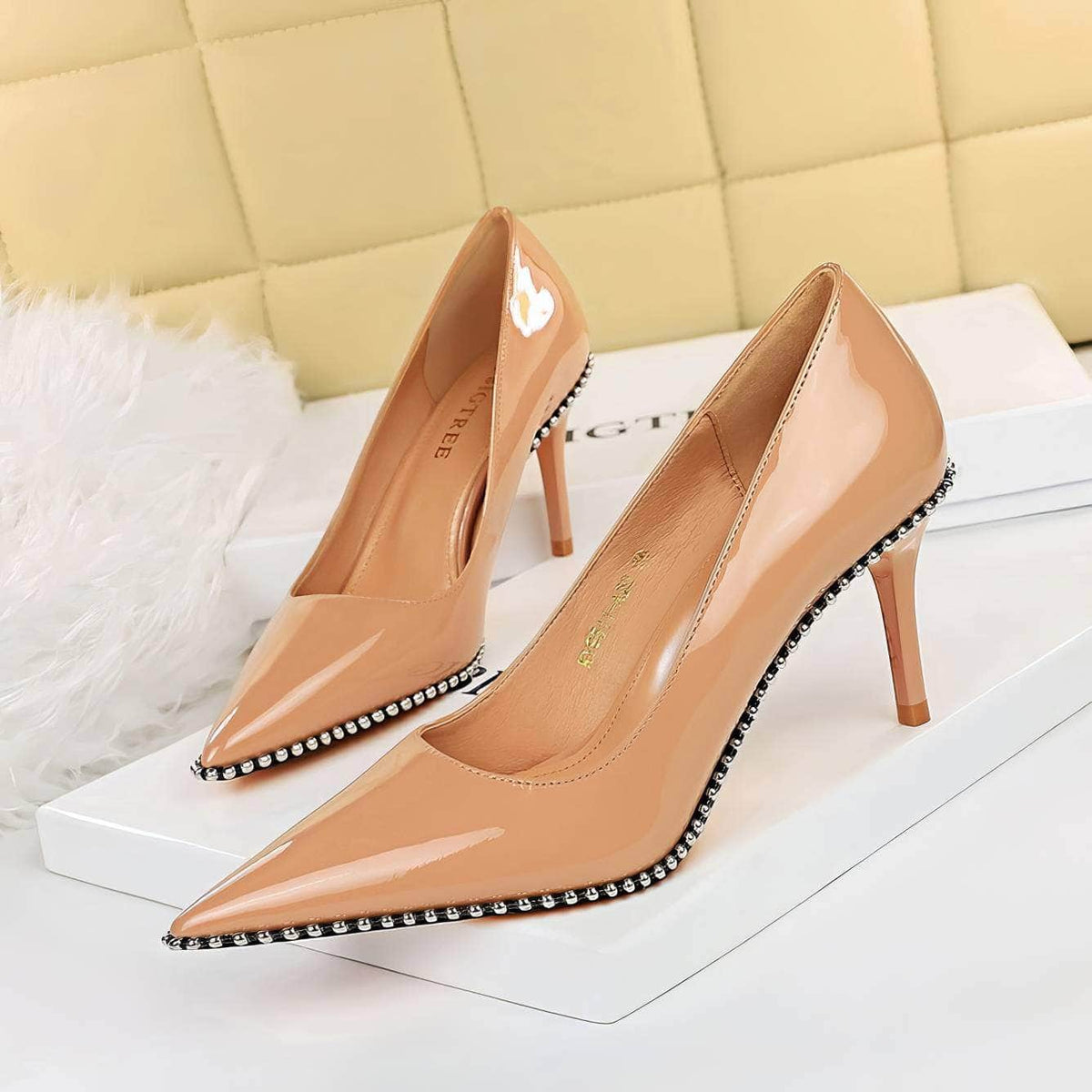 Glossy Finish Metallic Balls Detailed Stilettos EU 33 / Nude / 8CM