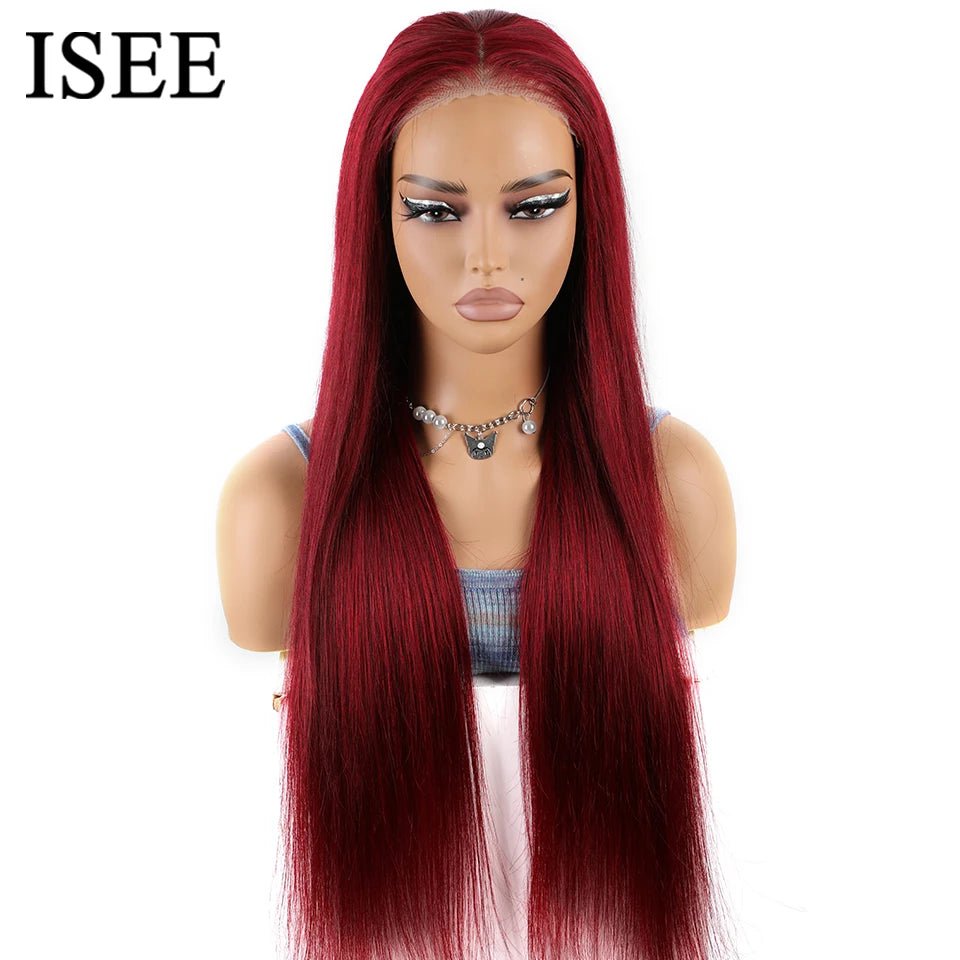Glueless 99j Burgundy Straight Wigs ISEE Hair Wear And Go 6x4 HD Lace Frontal Wig Human Hair Pre Cut PrePlucked Closure Wigs