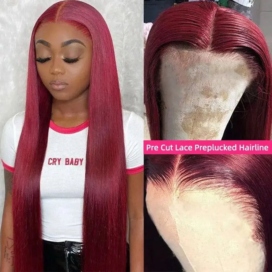 Glueless 99J Burgundy Straight Wigs - Wear And Go, 6x4 HD Lace Frontal Wig, Human Hair, Pre-Cut, Pre-Plucked Closure Wigs