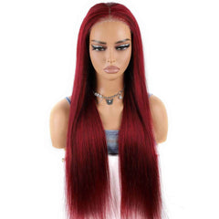 Glueless 99J Burgundy Straight Wigs - Wear And Go, 6x4 HD Lace Frontal Wig, Human Hair, Pre-Cut, Pre-Plucked Closure Wigs