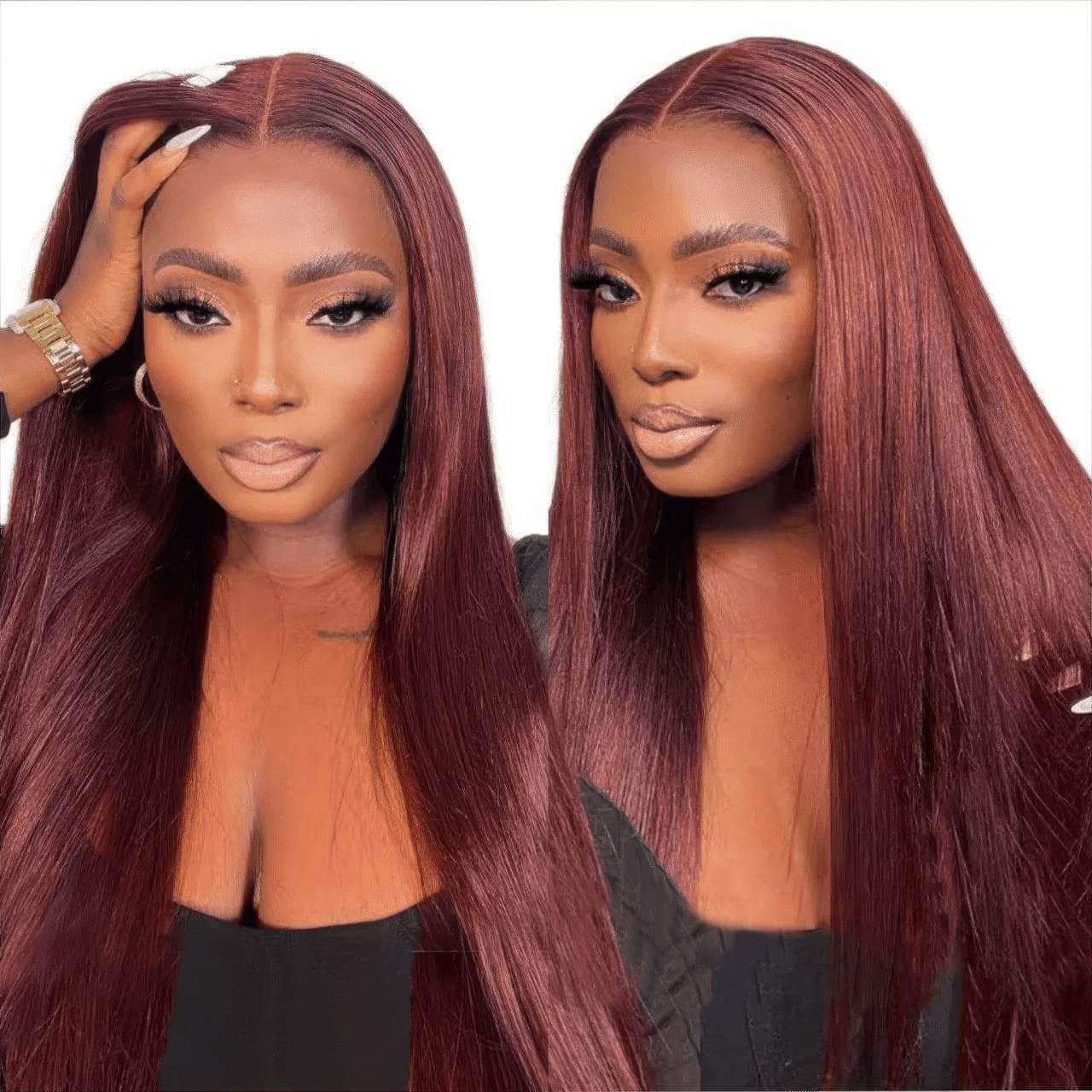 Glueless Human Hair Wig #33 Reddish Brown Lace Front Wig - 6x4 HD Transparent Straight Wig, Pre-Plucked Wigs