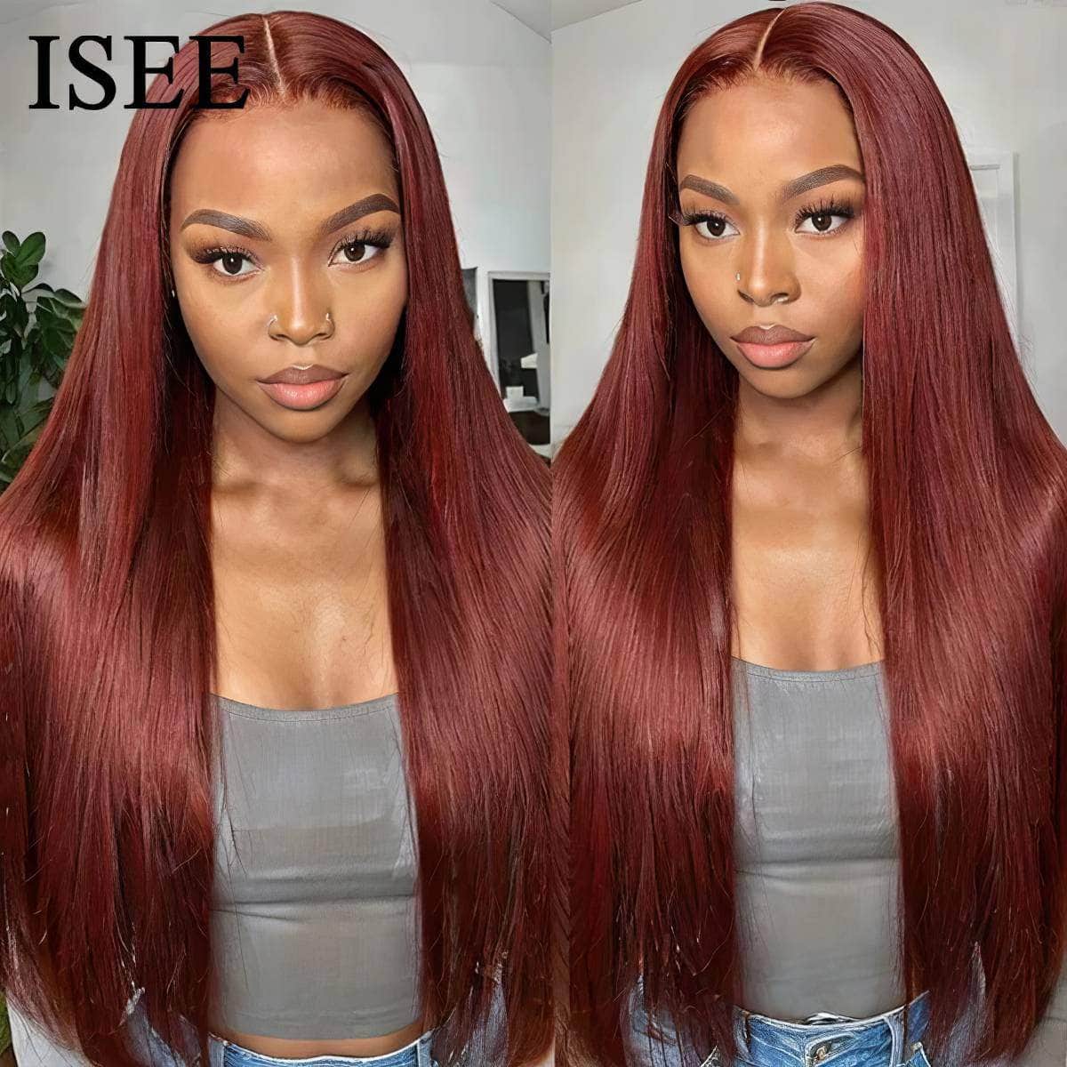 Glueless Human Hair Wig #33 Reddish Brown Lace Front Wig - 6x4 HD Transparent Straight Wig, Pre-Plucked Wigs 6x4 Wear Go Wig / 18inches / 180%