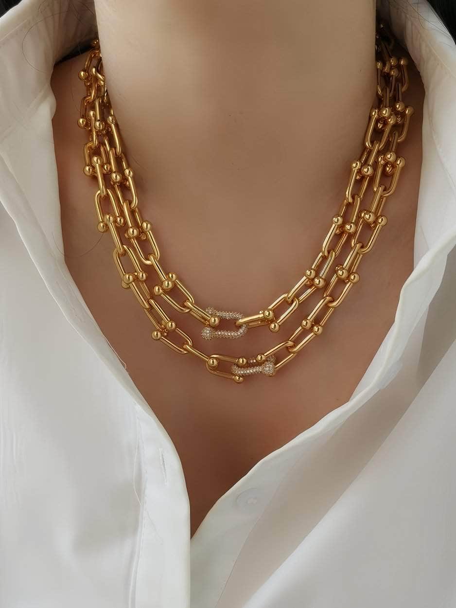 Gold Alternating Link Collar Rhinestone Accented Necklace