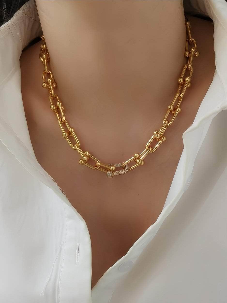 Gold Alternating Link Collar Rhinestone Accented Necklace
