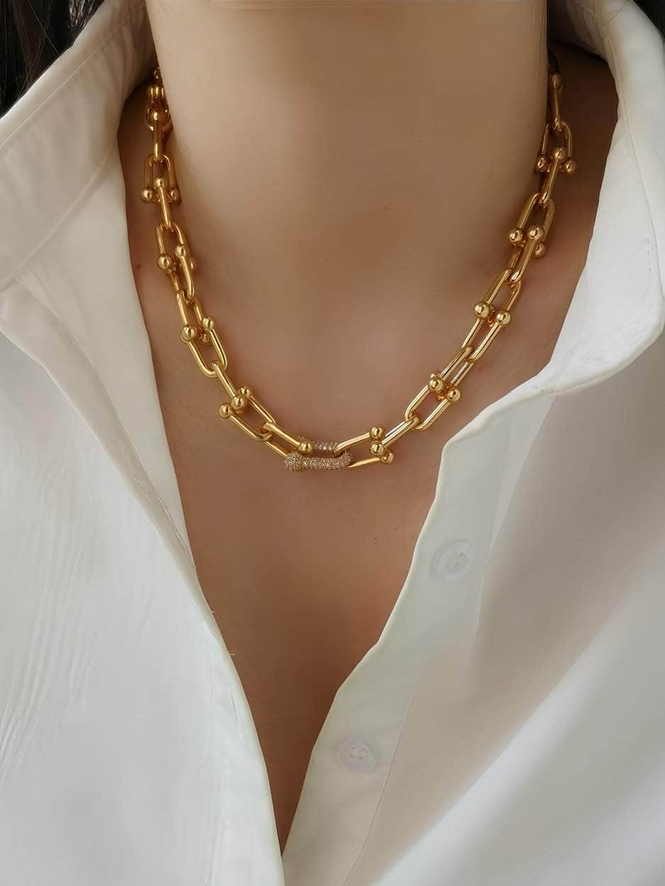 Gold Alternating Link Collar Rhinestone Accented Necklace Gold / Necklace