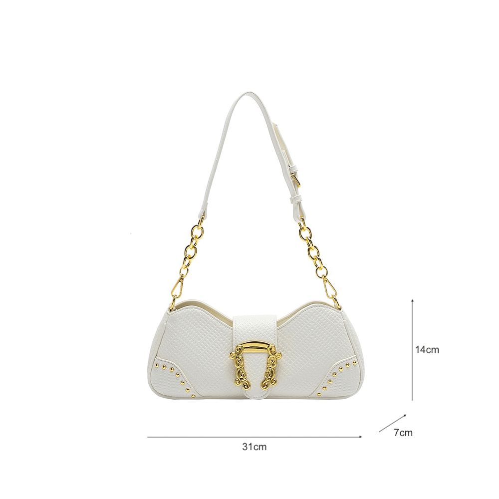 Gold Baroque Buckle Embossed Baguette Bag