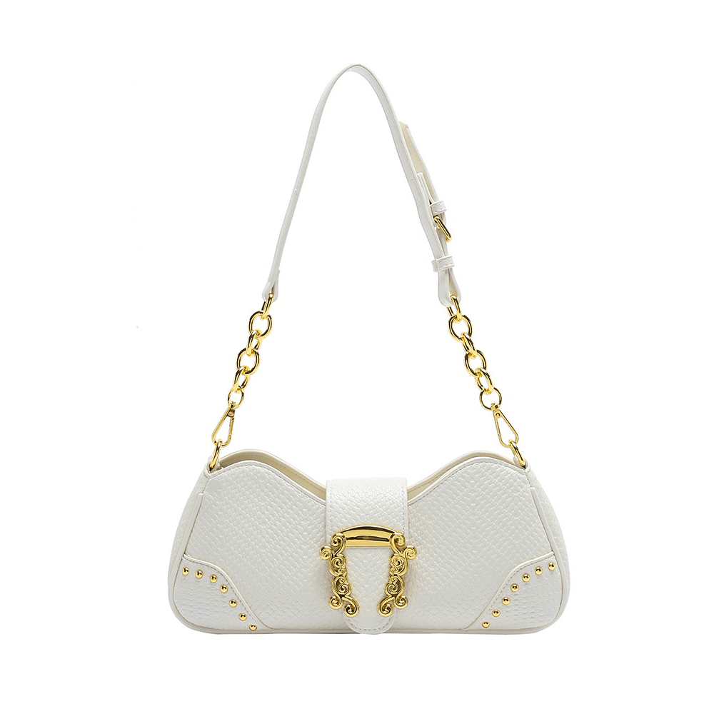 Gold Baroque Buckle Embossed Baguette Bag