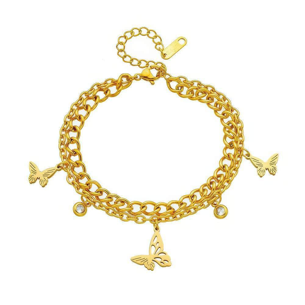 Gold Color Butterfly Charm Bracelet - A New Trend in 2-Layer Wrist Chains Jewelry for Women and Girls B761