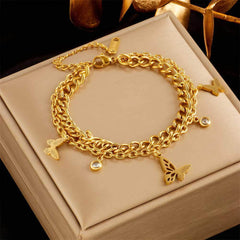 Gold Color Butterfly Charm Bracelet - A New Trend in 2-Layer Wrist Chains Jewelry for Women and Girls B761