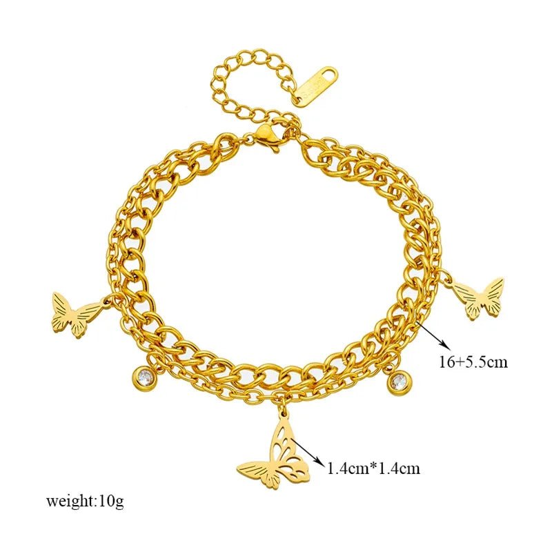 Gold Color Butterfly Charm Bracelet - A New Trend in 2-Layer Wrist Chains Jewelry for Women and Girls B761