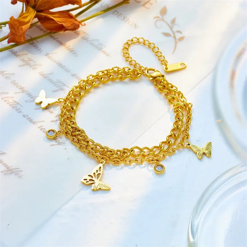 Gold Color Butterfly Charm Bracelet - A New Trend in 2-Layer Wrist Chains Jewelry for Women and Girls B761