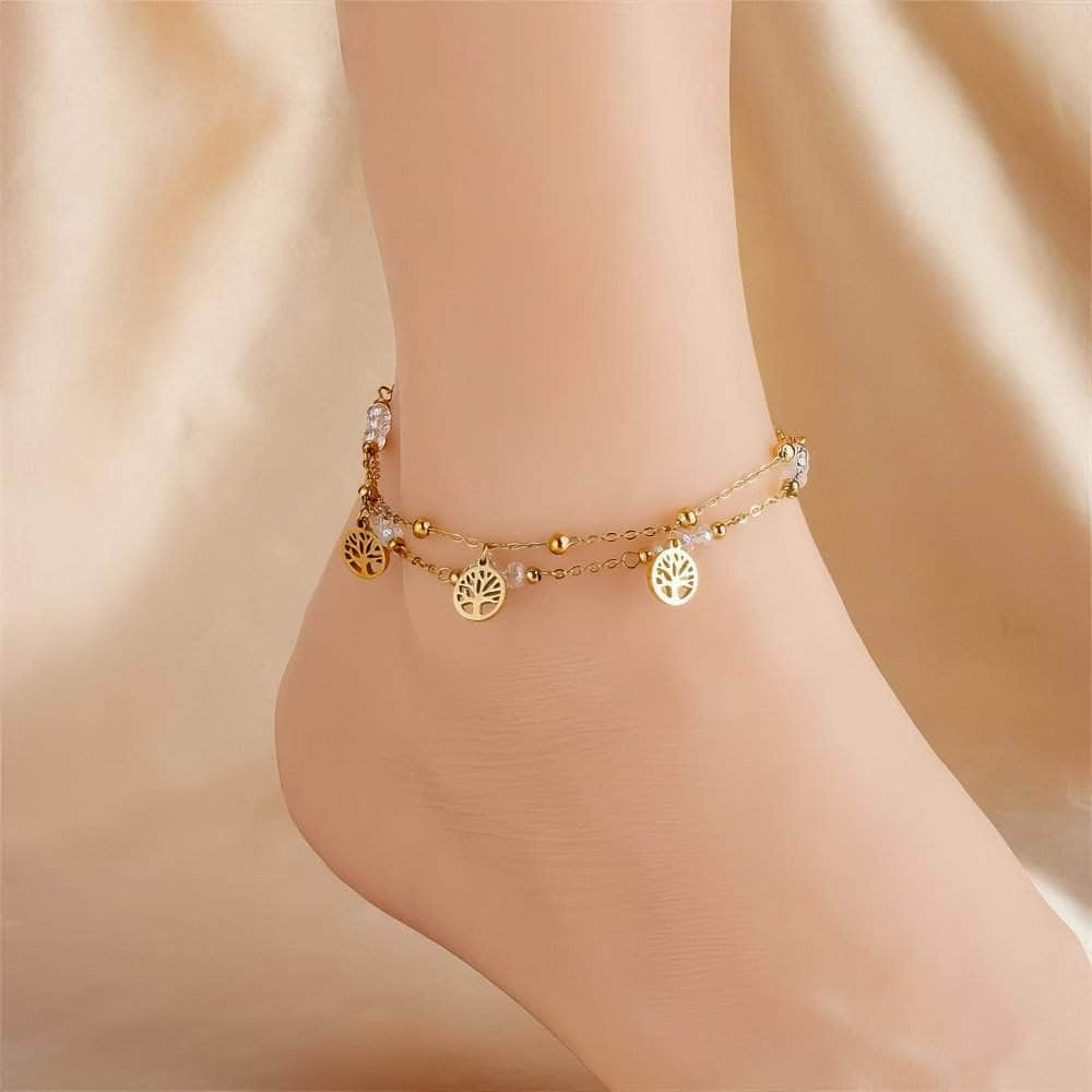 Gold Color Double Layer Tree Charm Anklets B1007