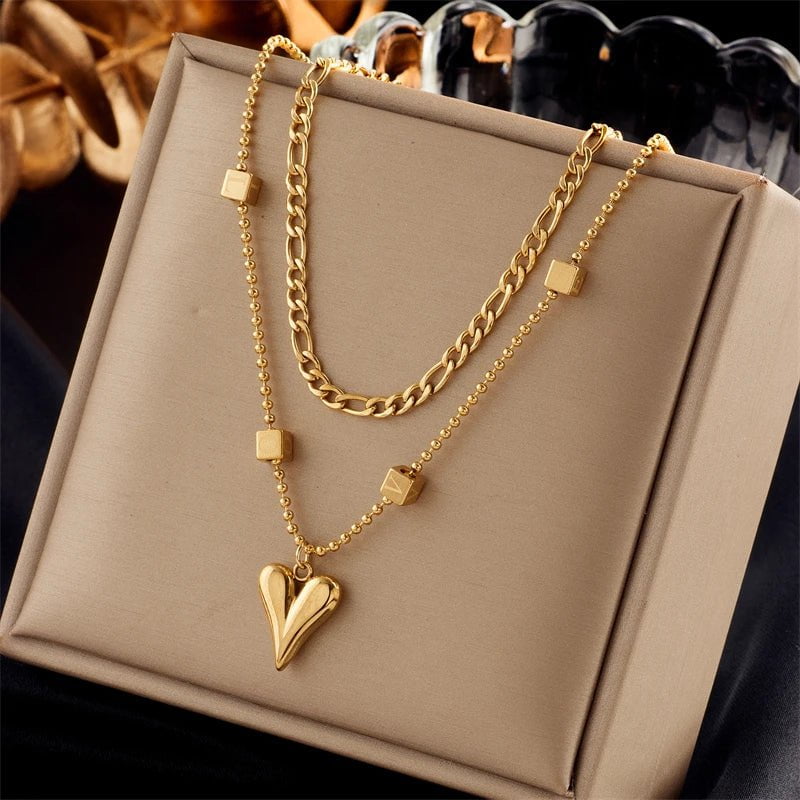 Gold Color Multilayer Heart Love Pendant Necklace - Fashionable Chain Jewelry Gift for Women and Girls, perfect Bijoux N1842