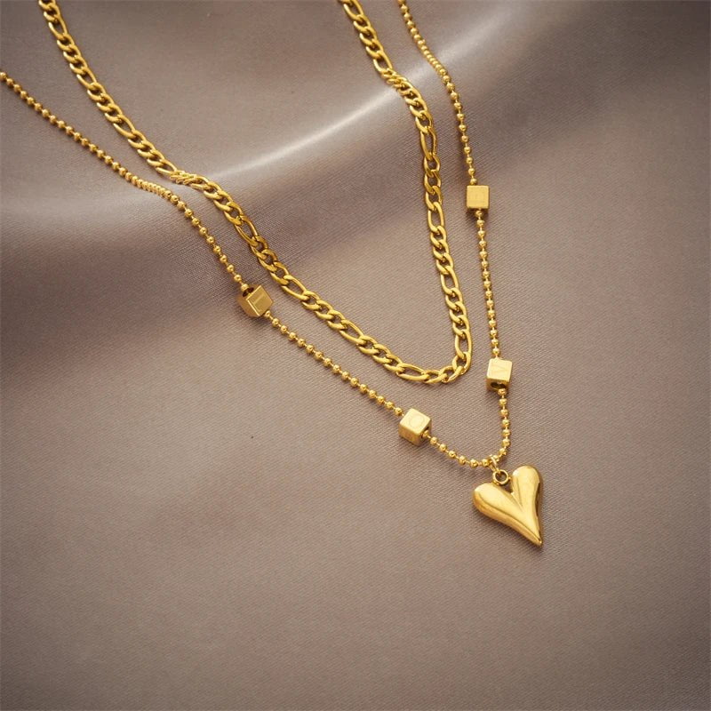 Gold Color Multilayer Heart Love Pendant Necklace - Fashionable Chain Jewelry Gift for Women and Girls, perfect Bijoux N1842