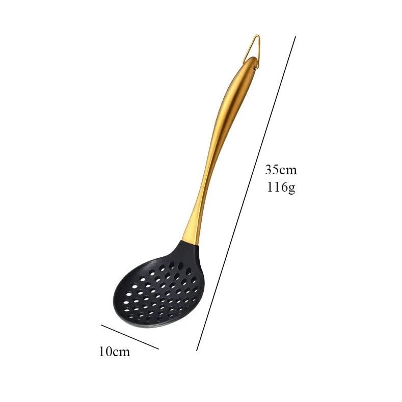 Gold Cooking Tool Set: Silicone Head Kitchenware with Stainless Steel Handle - Soup Ladle, Colander Set, Turner, Serving Spoon 1Pc 2