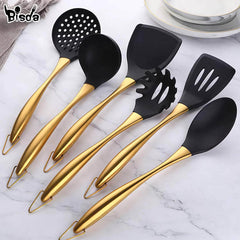 Gold Cooking Tool Set: Silicone Head Kitchenware with Stainless Steel Handle - Soup Ladle, Colander Set, Turner, Serving Spoon