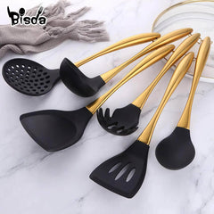 Gold Cooking Tool Set: Silicone Head Kitchenware with Stainless Steel Handle - Soup Ladle, Colander Set, Turner, Serving Spoon