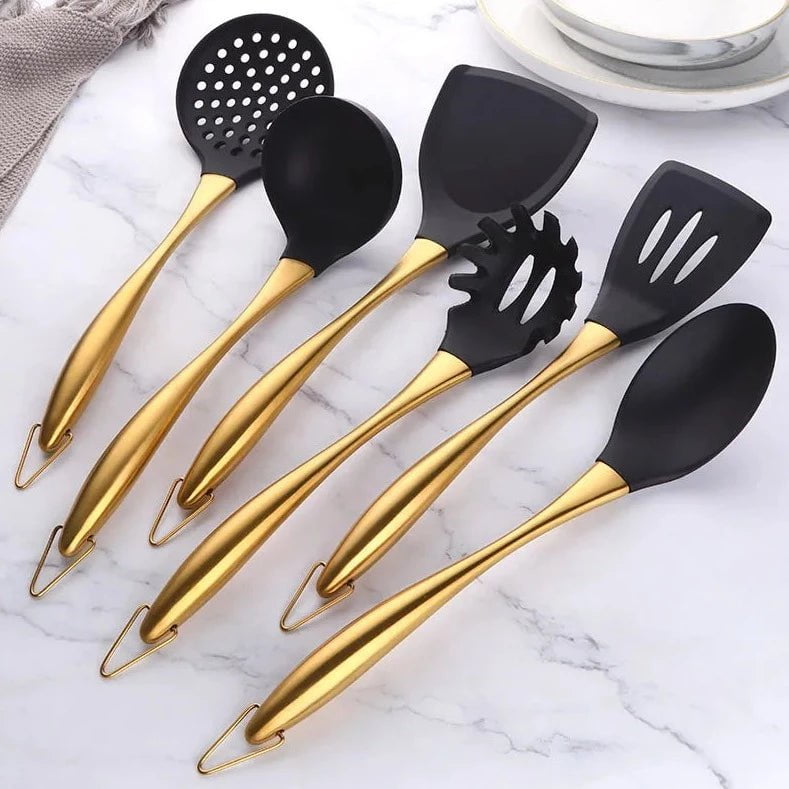 Gold Cooking Tool Set: Silicone Head Kitchenware with Stainless Steel Handle - Soup Ladle, Colander Set, Turner, Serving Spoon 6pcs-Gold
