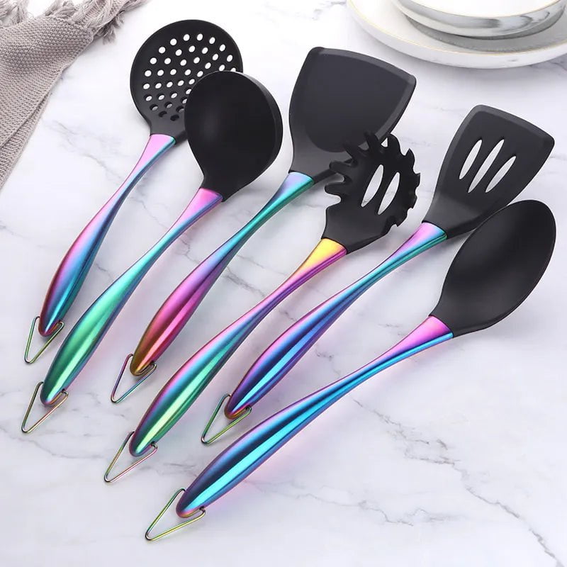 Gold Cooking Tool Set: Silicone Head Kitchenware with Stainless Steel Handle - Soup Ladle, Colander Set, Turner, Serving Spoon 6pcs-Rainbow no.0