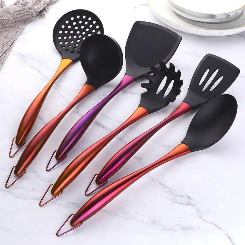 Gold Cooking Tool Set: Silicone Head Kitchenware with Stainless Steel Handle - Soup Ladle, Colander Set, Turner, Serving Spoon 6pcs-Rainbow NO.3