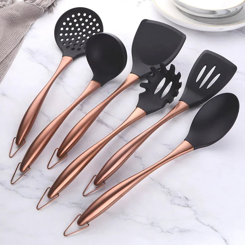 Gold Cooking Tool Set: Silicone Head Kitchenware with Stainless Steel Handle - Soup Ladle, Colander Set, Turner, Serving Spoon 6pcs-Rose gold