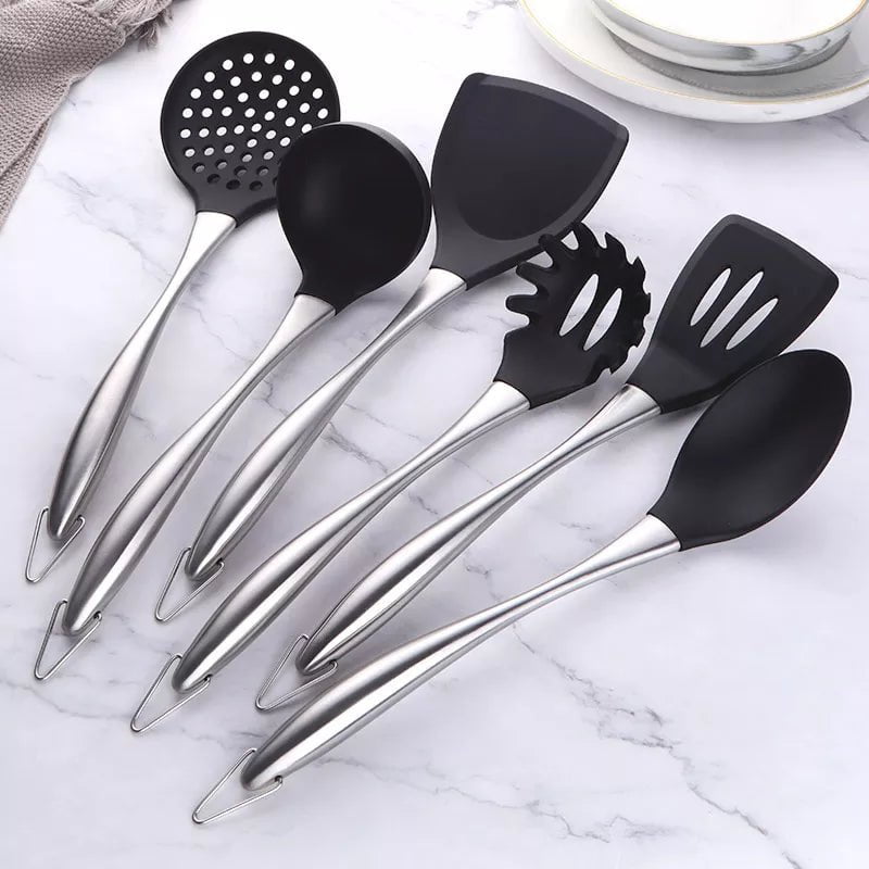 Gold Cooking Tool Set: Silicone Head Kitchenware with Stainless Steel Handle - Soup Ladle, Colander Set, Turner, Serving Spoon 6pcs-Silver