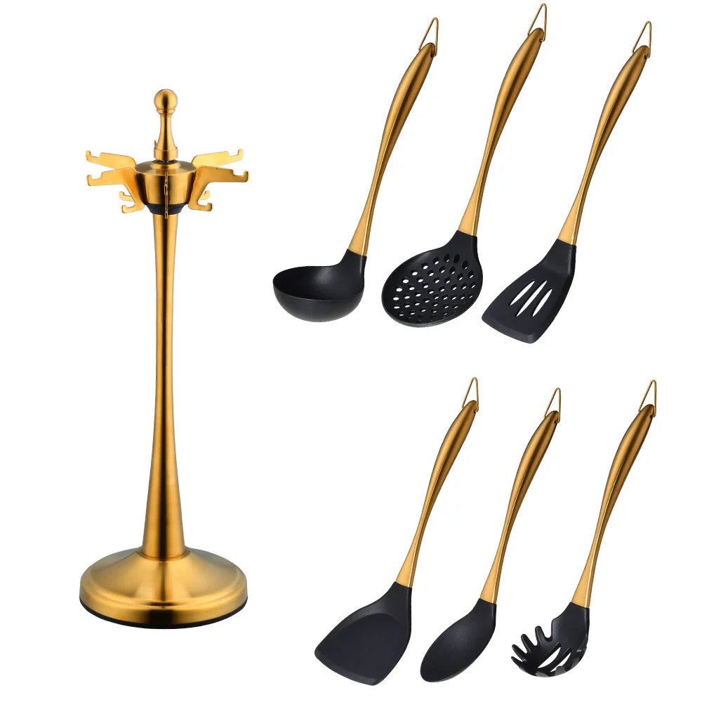 Gold Cooking Tool Set: Silicone Head Kitchenware with Stainless Steel Handle - Soup Ladle, Colander Set, Turner, Serving Spoon B 7pcs-Gold
