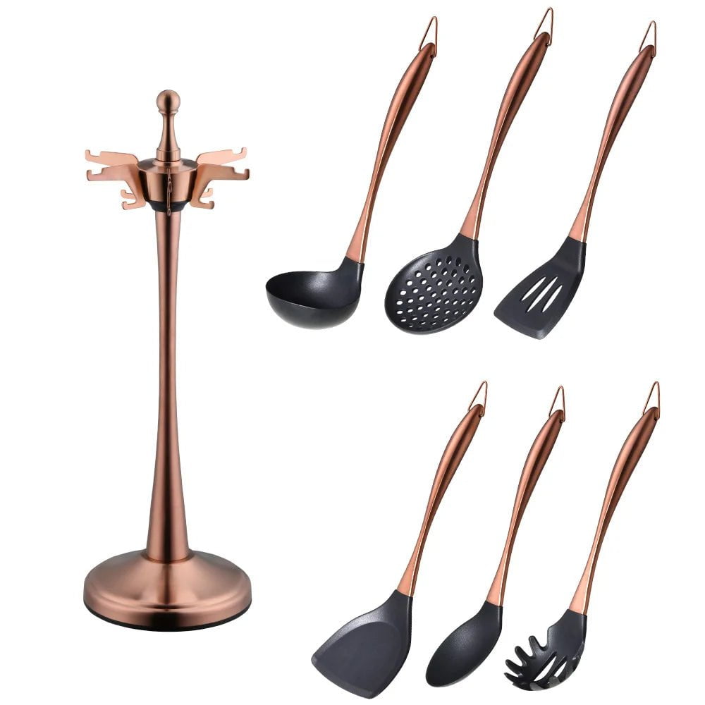 Gold Cooking Tool Set: Silicone Head Kitchenware with Stainless Steel Handle - Soup Ladle, Colander Set, Turner, Serving Spoon B 7pcs-Rose gold