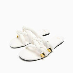 Gold Embellished Braided Slider Slippers EU 34 / White