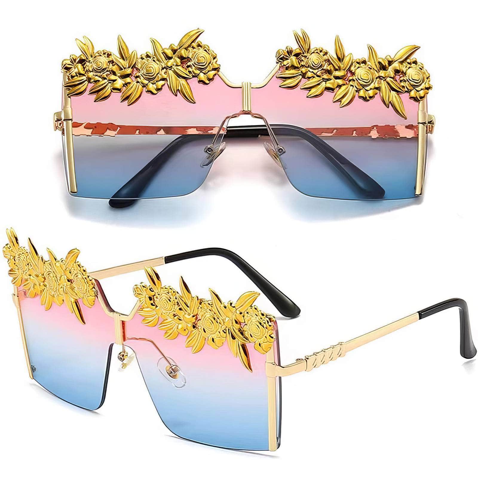 Gold Flower Frame Sunglasses Light Blue/Pink / Resin