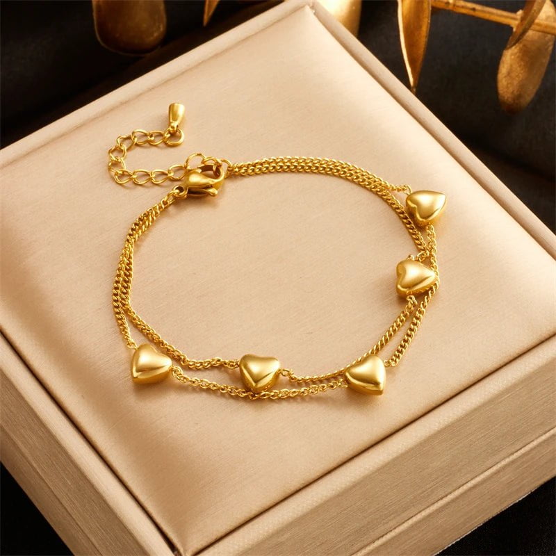 Gold Heart Love Charm Bracelet: Double Layer Trendy Jewelry B986