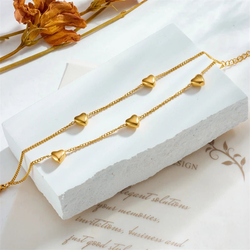 Gold Heart Love Charm Bracelet: Double Layer Trendy Jewelry B986