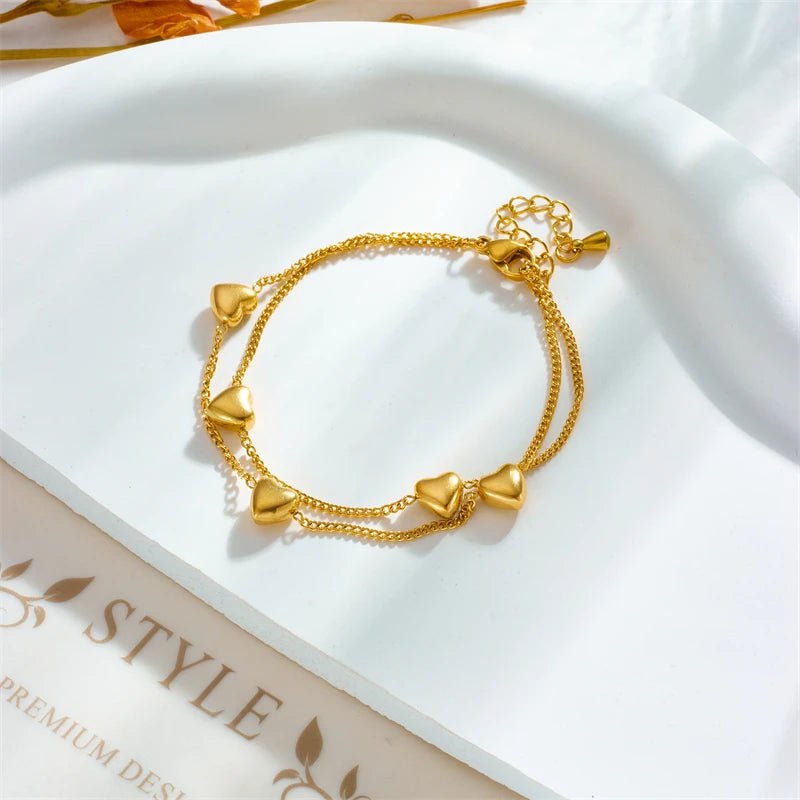 Gold Heart Love Charm Bracelet: Double Layer Trendy Jewelry B986
