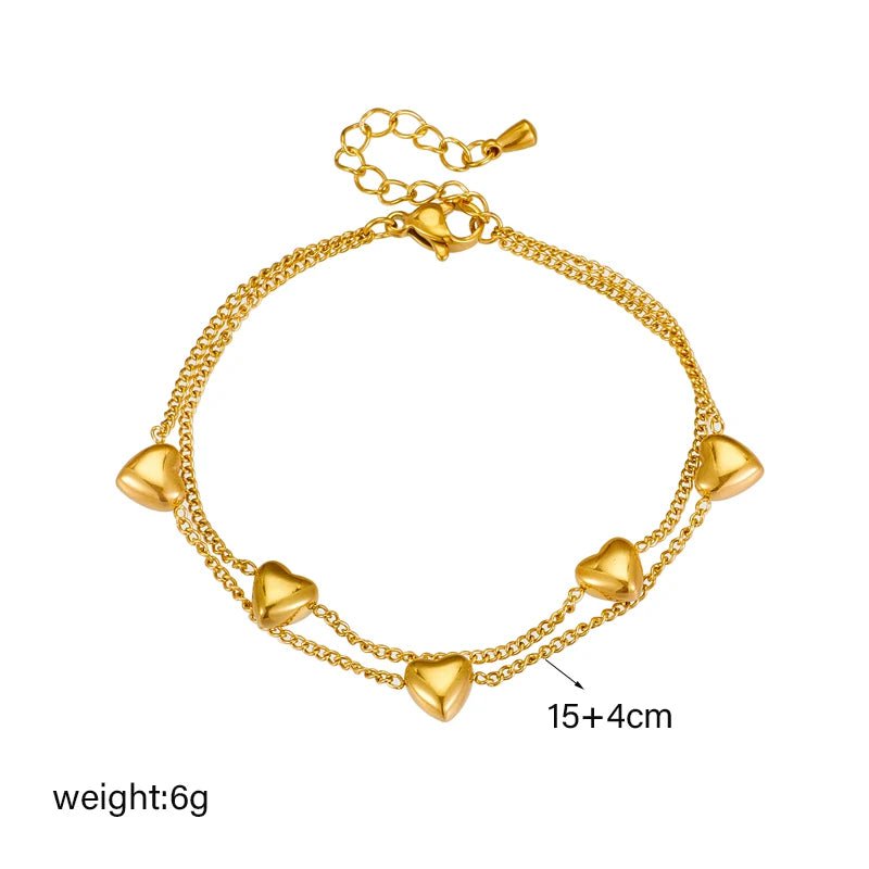 Gold Heart Love Charm Bracelet: Double Layer Trendy Jewelry B986