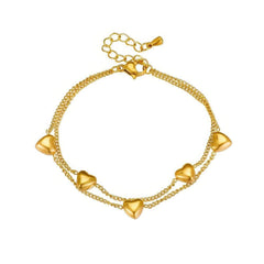 Gold Heart Love Charm Bracelet: Double Layer Trendy Jewelry B986