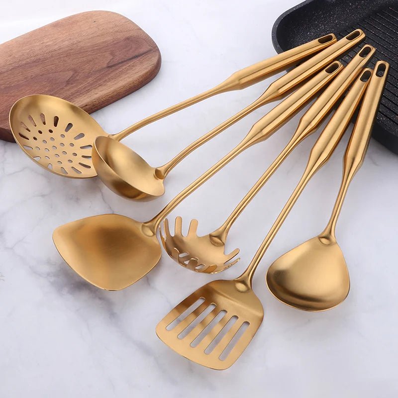 Gold Kitchenware Set - Long Handle Stainless Steel Cooking Tools