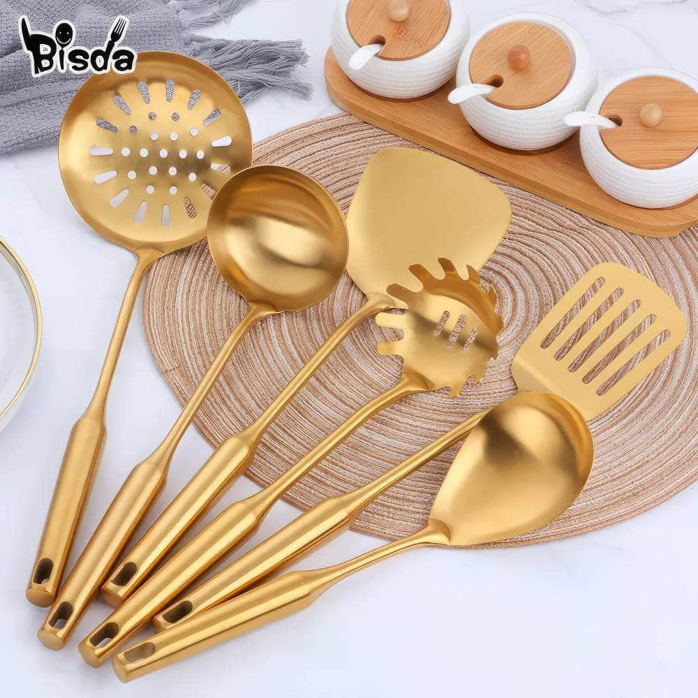 Gold Kitchenware Set - Long Handle Stainless Steel Cooking Tools