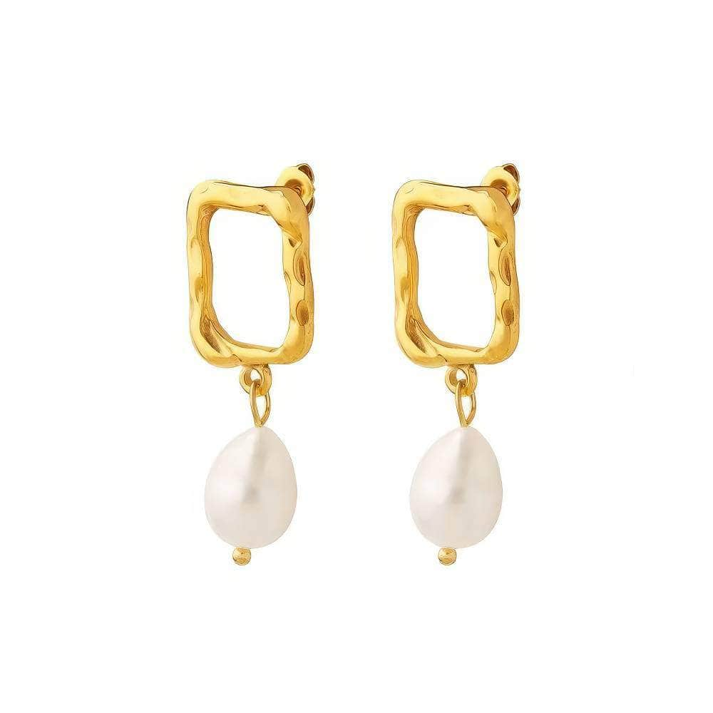 Gold Rectangular Frame Pearl Drop Earrings White / Clip On